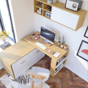 Home office featuring a sleek desk, ergonomic chair, and modern computer, designed by Spacekoncept for productivity.